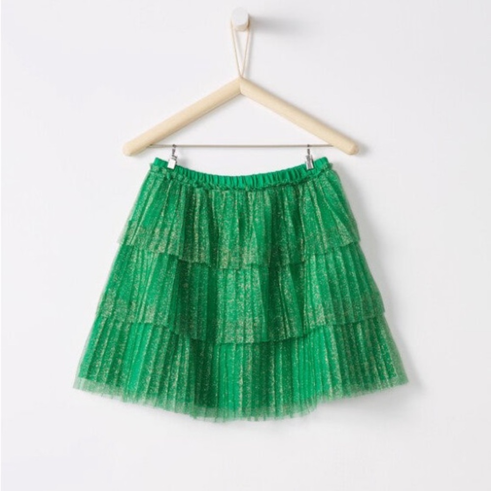 Hanna Andersson Green Shimmer Tulle Pleated Tiered Mini Skirt Size 130